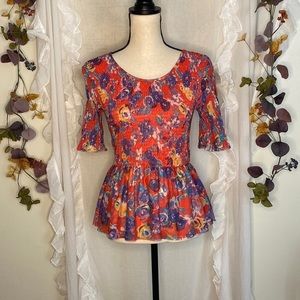 Maeve Anthropologie Floral Short Sleeve Top‎ Ruched Blouse Size Small